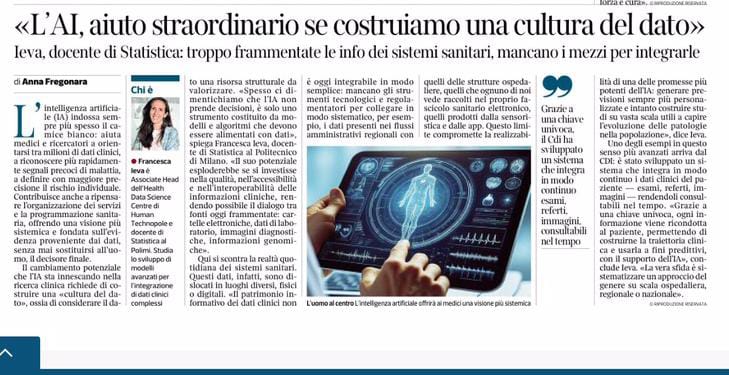 Francesca Ieva intervistata dal Corriere della Sera – “L’AI, aiuto straordinario se costruiamo una cultura del dato”
